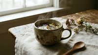 Herbal tea cup with dried flowers on rustic linen tablecloth near window. Natural morning light creates cozy atmosphere for relaxation and wellness rituals.