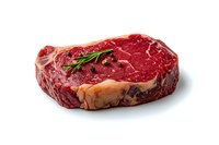 Raw ribeye steak with fresh rosemary sprig on white background, marbled beef texture showing premium meat quality, isolated for food photography.