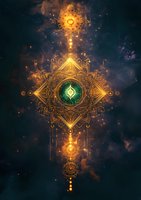 Mystical golden mandala with emerald center glowing against cosmic background, surrounded by magical light effects and sacred geometry patterns in space atmosphere.