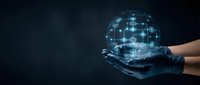 Digital globe with network connections floating above cupped hands against dark background for technology and global communication concepts.