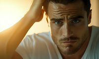 Intense close-up portrait of bearded Caucasian man with striking blue eyes in white t-shirt against warm sunset lighting, expressing contemplative emotion.