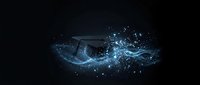 Digital graduation cap floating in cosmic blue particle stream with glowing stars and light effects on dark background for education technology concepts.