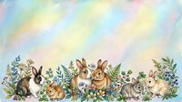 Cute rabbits and bunnies surrounded by wildflowers and botanical foliage in soft pastel colors. Suitable for children's illustrations, nursery decor, greeting cards and Easter designs.