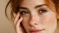 Close-up portrait of young woman with natural freckles, red hair, and green eyes touching her face against neutral beige background.