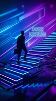 Silhouetted male professional climbing neon-lit staircase in futuristic environment with glowing blue and purple lines, representing career growth and business advancement opportunities.