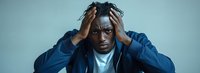 Young African American man in blue jacket expressing stress and anxiety, holding head in hands against turquoise background, panoramic composition for mental health awareness.