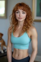 Young woman with natural red curly hair wearing turquoise sports bra during fitness workout at home, looking directly at camera with confident smile.