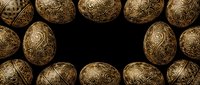 Ornate golden eggs with intricate Celtic spiral patterns arranged in circular frame on black background for luxury Easter and spring holiday designs.