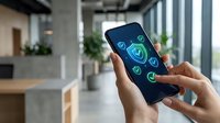 Hands holding smartphone with cybersecurity shield interface in modern office environment for digital protection and data security applications.