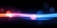 Abstract glowing wave with red and blue light streaks against dark background, luminous bokeh effects create dynamic motion and energy flow.