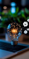 Glowing lightbulb with digital network connections and house icons floating above laptop keyboard, representing smart home technology and innovation in dark setting.