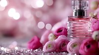 Elegant pink perfume bottle surrounded by fresh ranunculus flowers on sparkling surface with soft bokeh lights for luxury beauty and fragrance concepts.