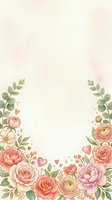 Watercolor floral frame with roses, peonies, and eucalyptus leaves on cream background with scattered hearts and stars. Isolated design ready for invitations, greeting cards, and wedding stationery projects.