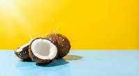 Fresh coconut halves with white flesh on blue surface against bright yellow background for tropical summer designs and healthy food concepts.
