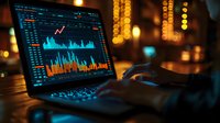 Financial market data analysis on laptop screen with trading charts and graphs in dark office environment with bokeh lights, hands typing on keyboard.