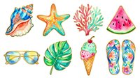 Summer tropical vacation elements isolated on white background, featuring colorful seashell, starfish, coral, watermelon slice, sunglasses, monstera leaf, ice cream cone and flip-flops for beach and travel designs.