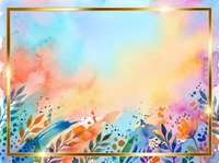 Watercolor gradient background with vibrant pastel colors, gold frame border, and decorative botanical elements. Suitable for invitations, greeting cards, social media graphics, and design projects.