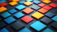 Colorful square tiles in blue, red, yellow and orange arranged in geometric pattern on dark background creating modern abstract design for technology concept.