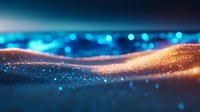 Glowing waves of orange and blue particles create magical abstract background with bokeh effect and sparkling light trails. Suitable for luxury designs.