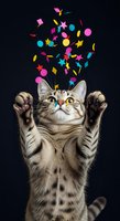 Tabby cat with paws raised looking up at colorful confetti and geometric shapes floating above against dark background, conveying joy and celebration for greeting cards and festive designs.
