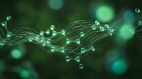 Abstract green network connections with glowing nodes and flowing data streams on dark background for technology and digital communication concepts.