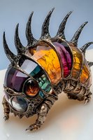 Artistic fantasy creature brooch with multicolored gemstones and antique silver finish. Intricate dragon-inspired design features amber, purple, and turquoise crystal elements.