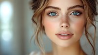 Young Caucasian woman with blue eyes, freckles and natural makeup looking at camera. Soft focus portrait with blurred background shows glowing skin and messy updo hairstyle.