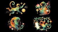Colorful Chinese zodiac monkey set with four festive poses, isolated on transparent background, ready for stickers, T-shirt design, print on demand, and sublimation crafts.