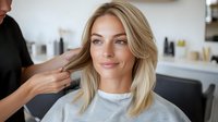 Blonde woman with natural makeup smiling while getting hair styled at modern salon. Professional hairdresser working on client's shoulder-length layered haircut.