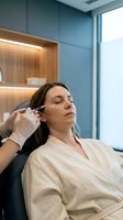 Professional cosmetic surgeon performing facial injection procedure on relaxed female patient in modern medical clinic with aesthetic treatment.