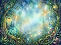 Enchanted forest frame with glowing lights, magical trees, and mystical foliage creating a whimsical border around luminous center space for text or design overlay.