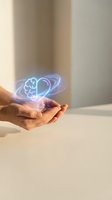 Hands holding glowing holographic brain and heart symbols representing mental health, emotional wellness, mindfulness and healthcare technology concepts.