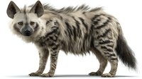 Striped hyena standing in profile view, wild African predator with distinctive fur pattern and pointed ears against white background.