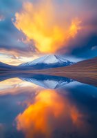Dramatic sunset over snow-capped mountain peak reflected in calm lake waters, with vibrant orange clouds and deep blue sky creating mirror-like symmetry in nature.