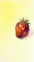 Watercolor strawberry painting on soft yellow background, vibrant red and purple tones, fresh fruit art for prints, cards, and kitchen decor.