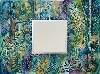 Watercolor botanical frame with lush tropical foliage and flowers surrounding blank square space for text or design elements on textured paper background.