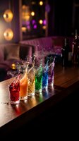 Colorful cocktails splashing in glasses on bar counter with bokeh lights background creating dynamic motion effect for nightlife and beverage concepts.