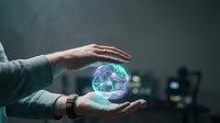 Hands holding glowing digital globe with network connections, representing global technology, data connectivity, and innovation for business and communication concepts.
