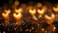 Golden hearts on dark glittering surface with romantic bokeh lights creating magical Valentine's Day atmosphere, love concept for greeting cards and romantic designs.