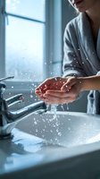 Person washing hands under running water at bathroom sink with splashing water droplets, demonstrating hygiene and cleanliness routine for health and wellness content.