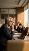 Senior male executive with gray hair and glasses in dark business suit sitting at conference table with laptop, hand to face in thoughtful pose during corporate meeting with colleagues.