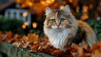 Adorable fluffy kitten with striking blue eyes sitting among colorful autumn leaves with warm bokeh lights creating magical seasonal atmosphere.