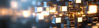 Glowing golden cubes floating in dark space, creating abstract digital technology background with warm light and bokeh effect.