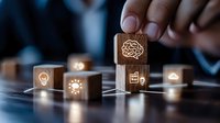 Wooden cubes with innovation and technology icons connected by lines on dark surface, business person arranging blocks showing digital transformation concept.