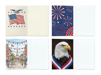 Patriotic greeting card collection featuring American flag stamp design, fireworks celebration pattern, festive street bunting decoration, and bald eagle with medal ribbon on isolated white background, suitable for holiday cards, stationery design, and print projects.