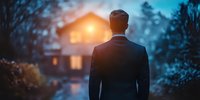 Businessman in dark suit standing in front of illuminated house at dusk, moody atmospheric panoramic view with warm window glow and blue twilight tones.