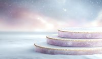 Dreamy purple podium with gold trim against misty winter background, layered circular platforms with sparkles and soft bokeh effect for product display.