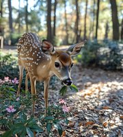 Young deer with spotted coat eating flowers in forest clearing surrounded by trees and autumn leaves.