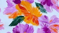 Vibrant orange and purple flowers with green leaves painted in expressive brushstrokes on white background, artistic floral pattern for textile and surface design.