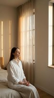 Peaceful young woman in white robe meditating in sunlit bedroom with warm natural light streaming through sheer curtains creating serene morning atmosphere.